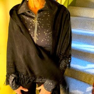 Black Italian Suede Bohemian Shawl with Fringe and Cutouts